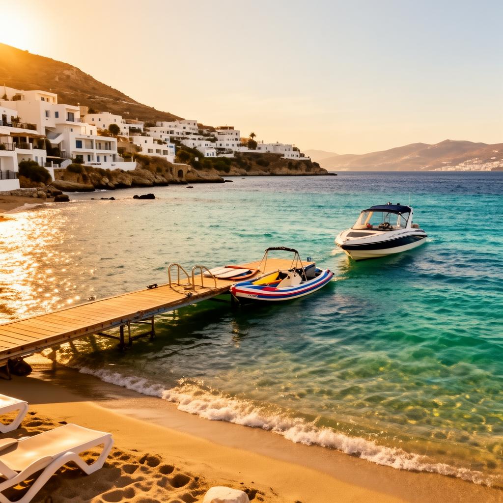 Kyma Watersports jetty and boats on Rethymno beach