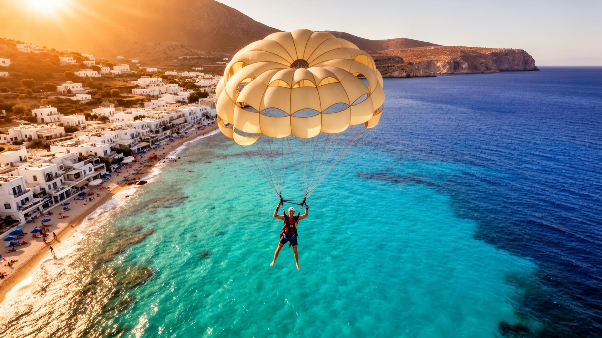 Parasailing above the turquoise sea in Rethymno, Crete